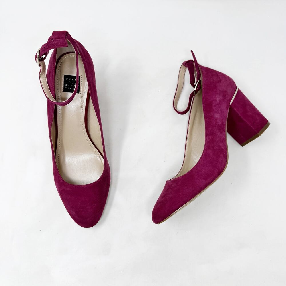 [White House Black Market] Plum Suede Chunky Almond Toe Ankle Strap Heels Sz 8.5